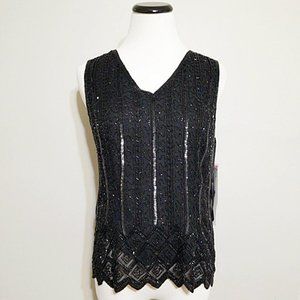 Nos Vintage Adrianna Papell Silk Beaded Top Black M Whimsigoth Art Deco Blouse
